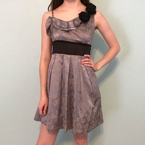 Speechless Gray and Black Satin Formal Dress with Sash and Flower Detail